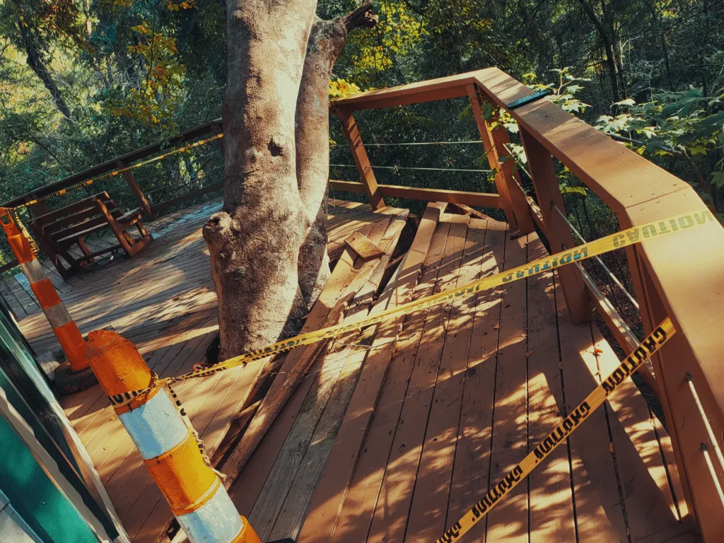 Tree down through a deck after wind damage, taped off for cleanup